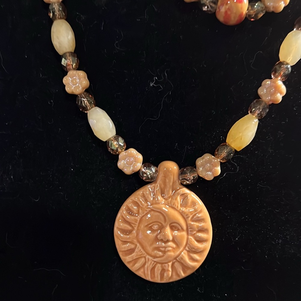 Lemon chalcedony parure set of necklace, bracelet, earrings with sun focal piece
